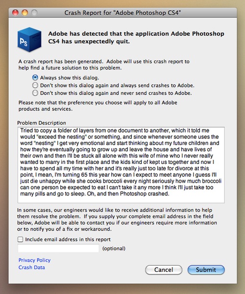 Crashing Photoshop Report message